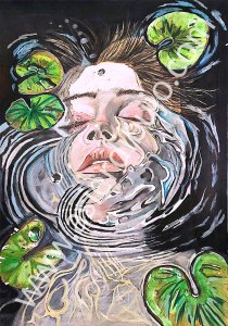 Dibujo artístico de una mujer sumergida en el agua rodeada de nenúfares, técnica mixta de Asier de Isusi.