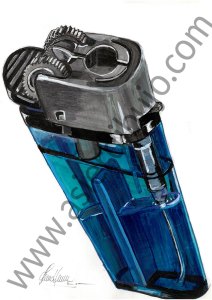 Dibujo realista de un encendedor de plástico azul transparente, con detalle del mecanismo metálico y el gas líquido interior, obra de Asier.